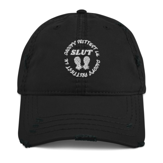 Daddy's Prettiest LIL Slut -Upside Down Pineapple White Embroidery On Unstructured Distressed Dad Hat With Hook and Loop Closure