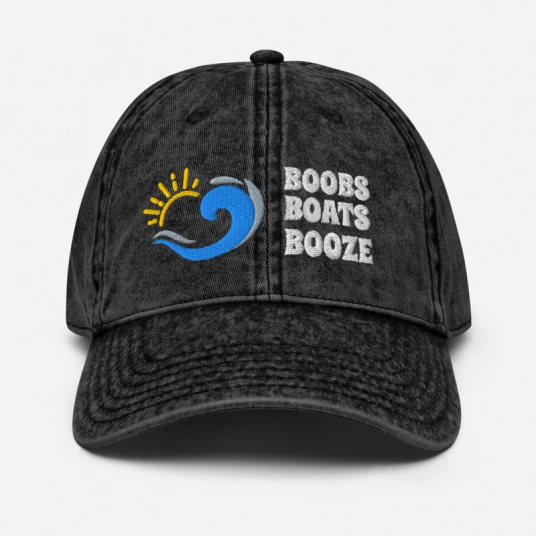 Boobs Boats Booze White/Blue Embroidery on Unstructured Vintage Cotton Twill Cap