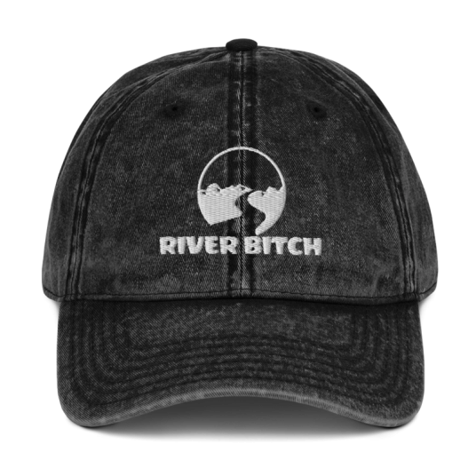 River Bitch White Embroidery on Buckle Back Unstructured Vintage Hat