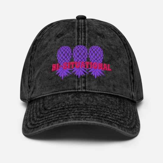 Bi-Situational 3 Purple/Pink Upside Down Pineapples Embroidery On Buckle Back Unstructured Vintage Hat