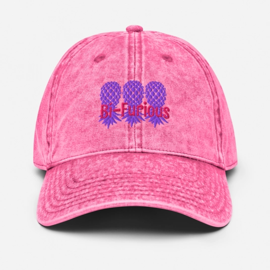 Bi-Furious 3 Purple/Pink Upside Down Pineapples Embroidery On Buckle Back Unstructured Vintage Hat