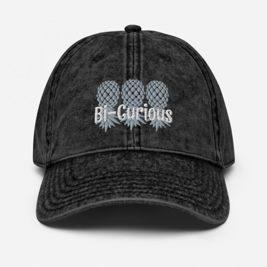 Bi-Curious 3 Gray/White Upside Down Pineapples Embroidery On Buckle Back Unstructured Vintage Hat