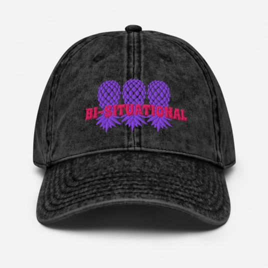Bi-Situational 3 Purple/Pink Upside Down Pineapples Embroidery On Buckle Back Unstructured Vintage Hat