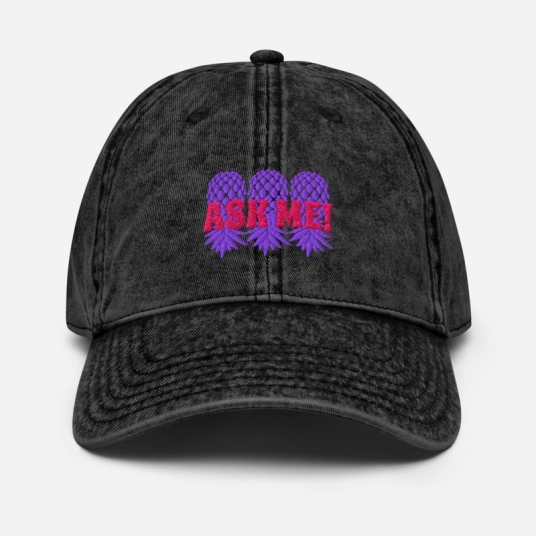 Ask Me 3 Purple/Pink Upside Down Pineapples Embroidery On Buckle Back Unstructured Vintage Hat