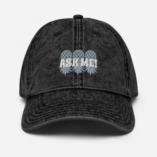 Ask Me 3 Gray/White Upside Down Pineapples Embroidery On Buckle Back Unstructured Vintage Hat