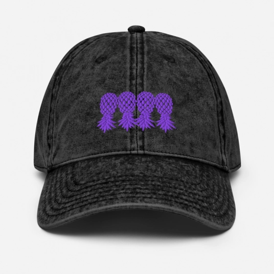 4 Purple Upside Down Pineapples Embroidery On Buckle Back Unstructured Vintage Hat