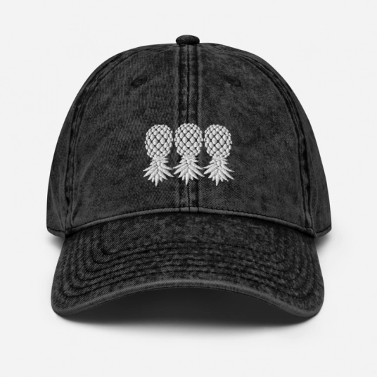 3 Gray Upside Down Pineapples Embroidery On Buckle Back Unstructured Vintage Hat