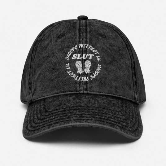 Daddy's Prettiest LIL Slut Upside Down Pineapple Gray Embroidery On Buckle Back Unstructured Vintage Hat