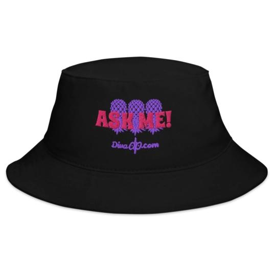 Ask Me 3 Purple/Pink Upside Down Pineapples Embroidery On Bucket Hat