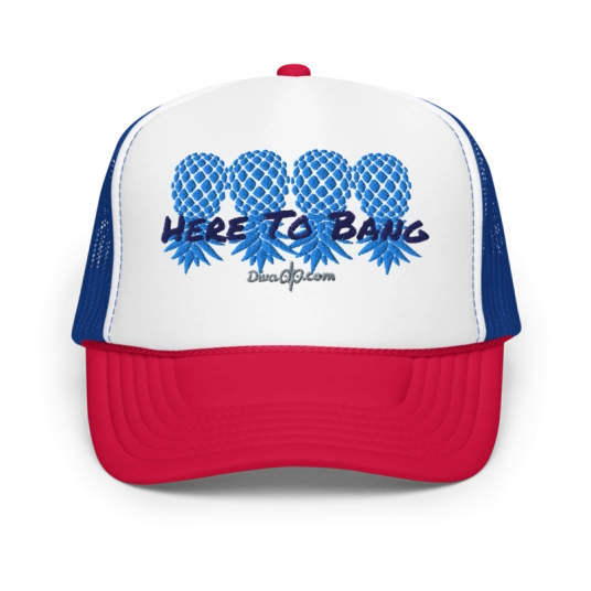 Here To Bang Navy/Blue Embroidery On Foam Trucker Hat