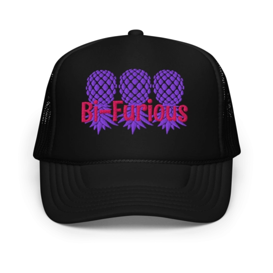 Bi-Curious 3 Upside Down Pineapple Pink/Purple Embroidery On Foam Trucker Hat