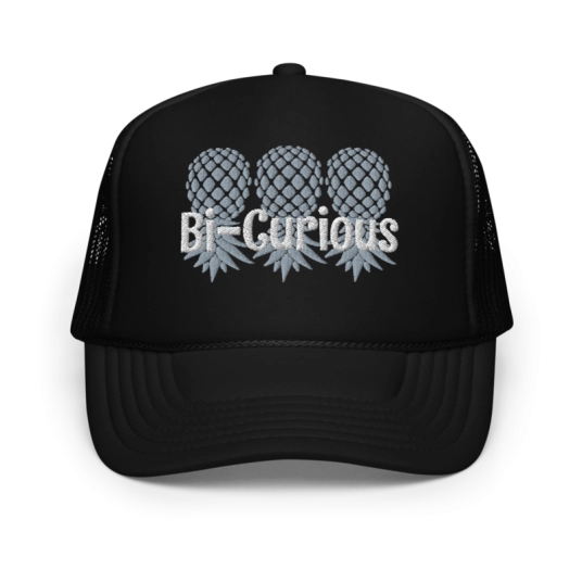 Bi-Curious 3 Upside Down Pineapple Gray/White Embroidery On Foam Trucker Hat