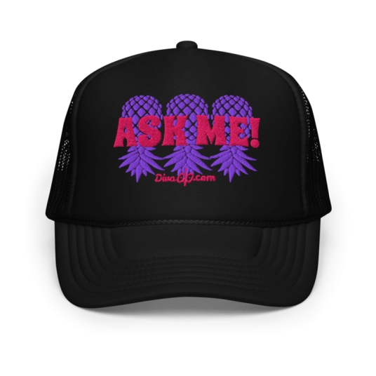 Ask Me 3 Upside Down Pineapples Purple/Pink Embroidery On Foam Trucker Hat