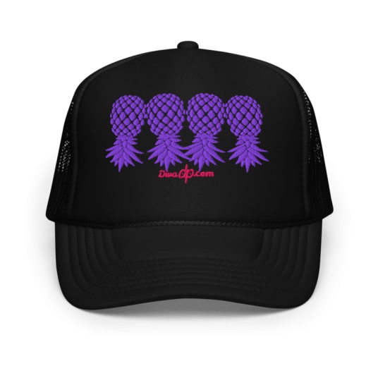 4 Upside Down Pineapples Purple Embroidery On Foam Trucker Hat