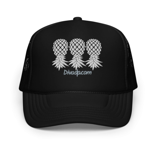 3 Upside Down Pineapples White Embroidery On Foam Trucker Hat