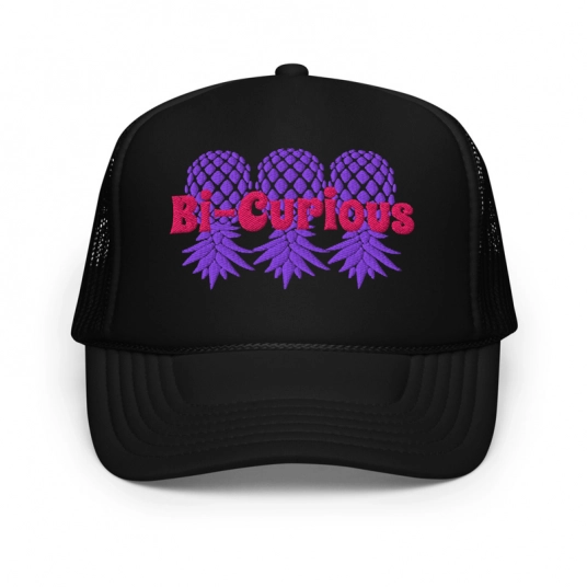 Bi-Curious Upside Down Pineapples Pink/Purple Embroidery On Foam Trucker Hat