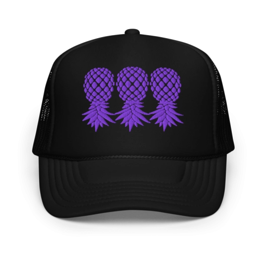 3 Upside Down Pineapples Purple Embroidery On Foam Trucker Hat