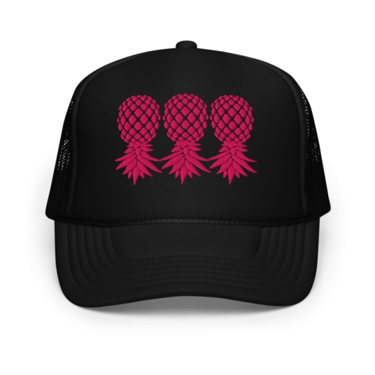 3 Upside Down Pineapples Pink Embroidery On Foam Trucker Hat