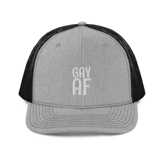 GAY AF White Embroidery On Heather Gray/Black Richardson Trucker Hat