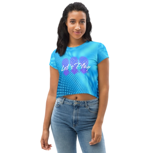 Let's Play Purple/White Upside Down Pineapples Print All-Over Crop Top