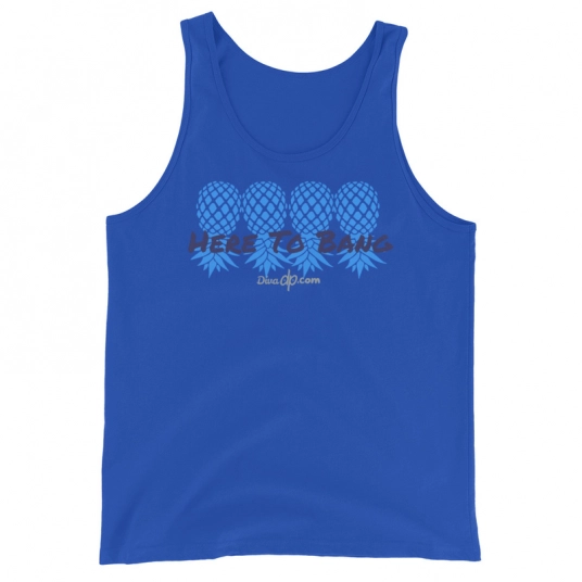 Here To Bang 4 Blue/Dark Blue Upside Down Pineapples Embroidery DTG On Unisex Tank Top