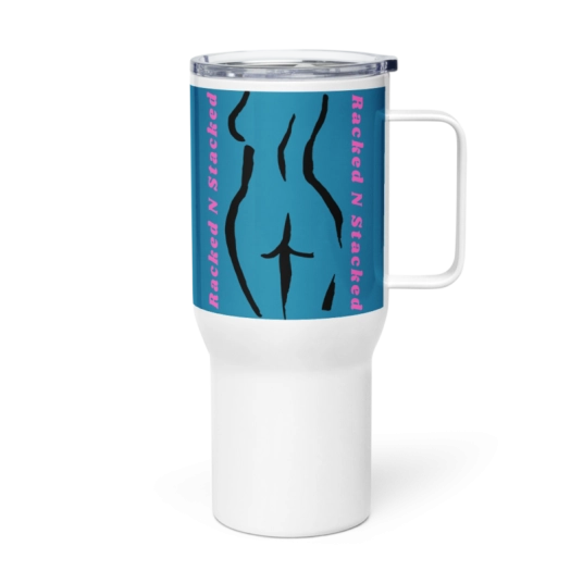 Racked N Stacked Teal/Pink On 40 oz Travel Mug with a Handle