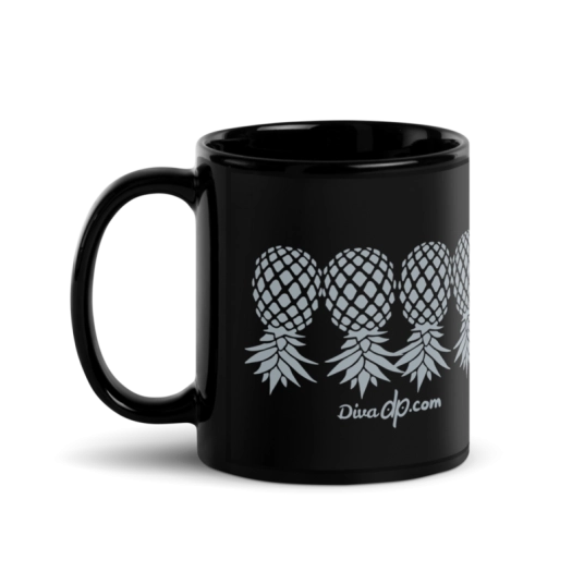 Upside Down Pineapple Gray On Black Glossy Mug
