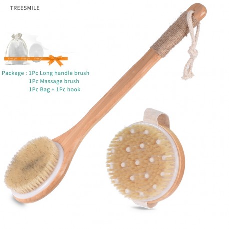 TREESMILE Wooden Massage Bath Brush Natural Bristle Exfoliation Fat Removal Shower Bbrush Long Wooden Handle Dry Brushing D30