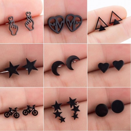 Stainless Steel Earrings Geometric Women Men Hip hop Black Star Moon Stud Earring Fashion