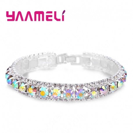 Sterling Silver Bracelets Crystal Femme Women Link Chain Jewelry Bangles 14 Colors