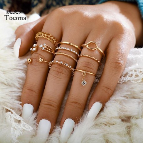 Bohemian Geometric Rings Sets Clear Crystal Stone Gold Chain Opening Rings for Women Jewelry Accessories