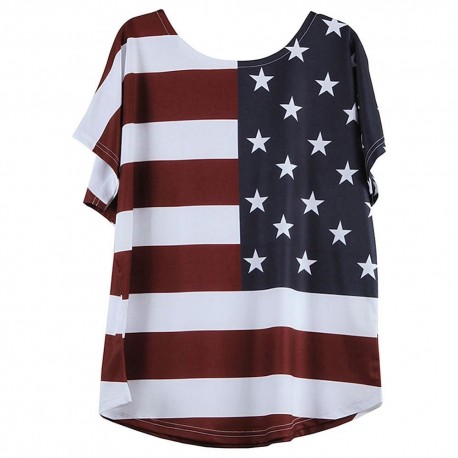 Women's American Flag Stars and Stripes Pattern Short Sleeve Loose Blouse