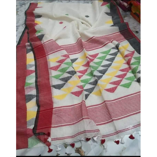 Linen Saree in White and Red