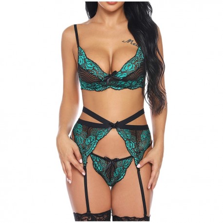 Lace Push Up set With Garter & Thong