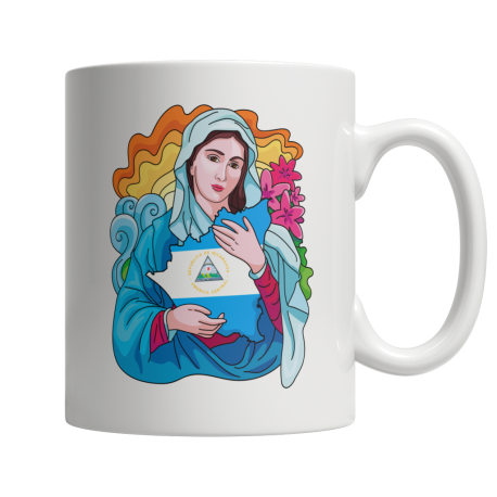 Taza De Cafe Blanca 11 OZ De La Virgen Maria Abrazando La Bandera De Nicaragua