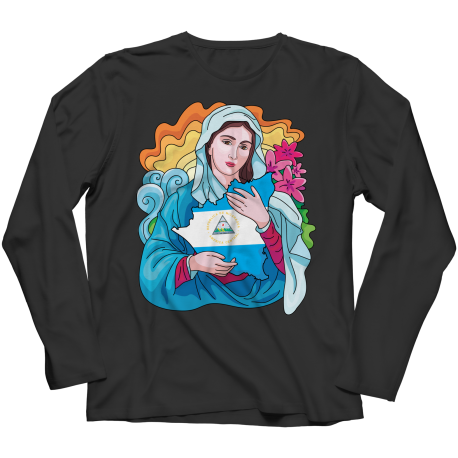 Camiseta Manga Larga Unisex De La Virgen Maria Abrazando La Bandera De Nicaragua