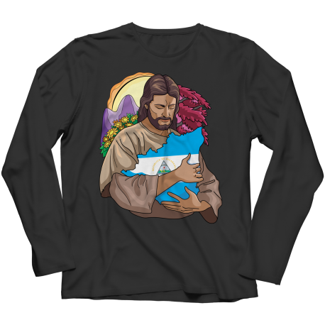 Camiseta Manga Larga Unisex De Jesus Abrazando La Bandera De Nicaragua