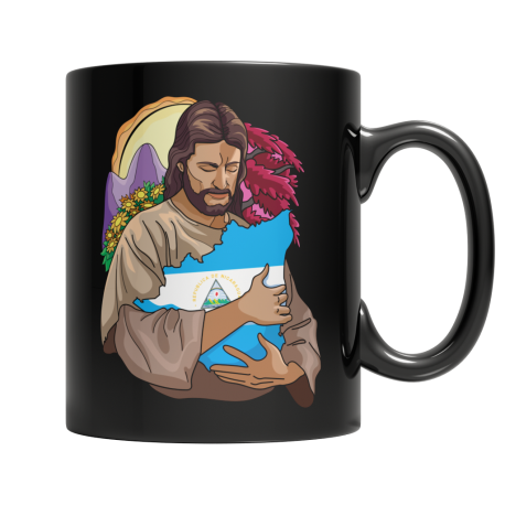 Taza De Cafe Negro  11 OZ De Jesus Abrazando La Bandera De Nicaragua