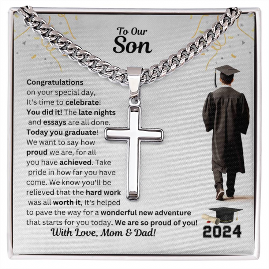 Graduation Steel Cross Necklace w/ Class of 2024, Parents to Son