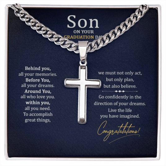 Graduation Artisan Cross Necklace on Cuban Chain, To Son