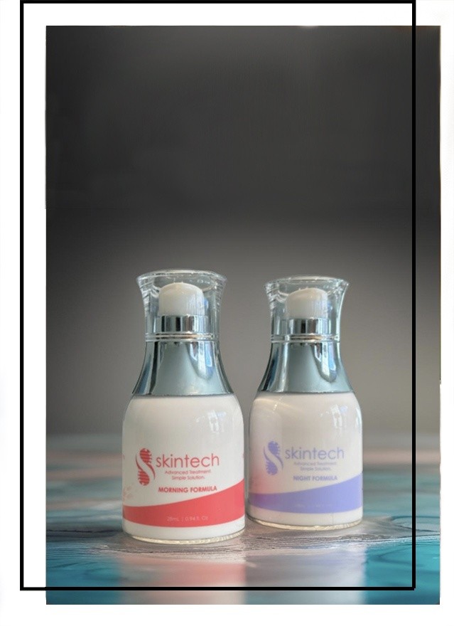 skintech morning and night cream on liquid surface