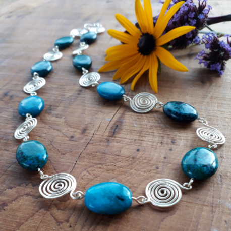 Azurite Chryscolla and Silver Spiral Necklace