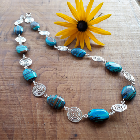 Blue Malachite and Silver Spiral Necklace