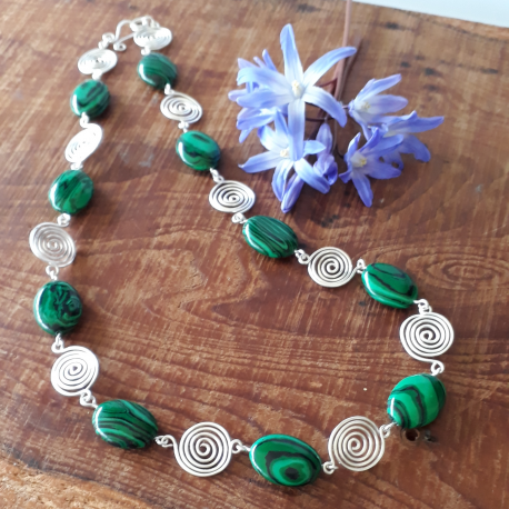 Green Malachite and Silver Spiral Necklace