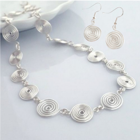Open and Closed Silver Spiral Necklace and Earrings Set