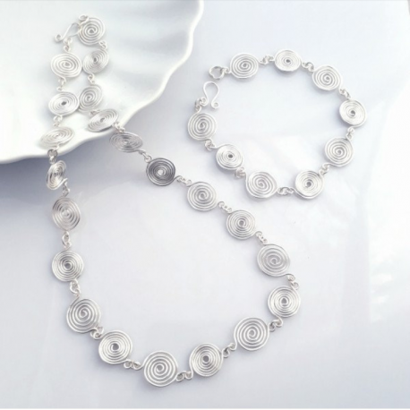 Open and Closed Silver Spiral Necklace and Bracelet Set