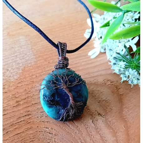 Natural Emerald Stone Copper Tree of Life Wire Wrap Pendant