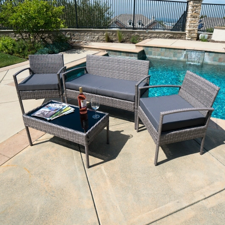 Outdoor Patio Furniture Wicker Rattan Cushioned 4 Pieces Set - Gray