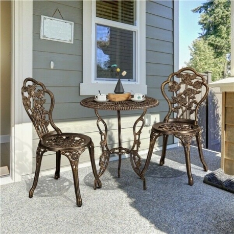 Outdoor Patio Bistro Bronze Rose Design 3 Pieces Set - Table and Chairs