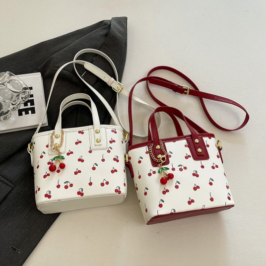 Women PU Cherry Shoulder Bag Large Capacity Trendy Commuting Bag with Cherry Pendant Stylish Crossbody Bag Aesthetic Handbag